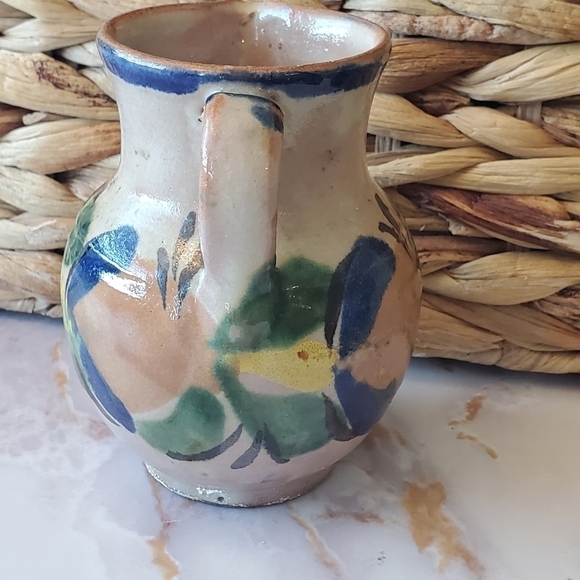 Small Redware Pitcher Creamer Mexico Beige Floral Multicolor. - Picture 2 of 8